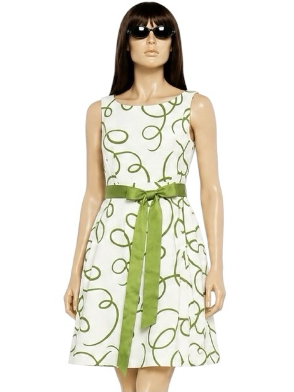 Jessica Howard Sleeveless White with Green Swirl Print Sash Dress Green Size 8